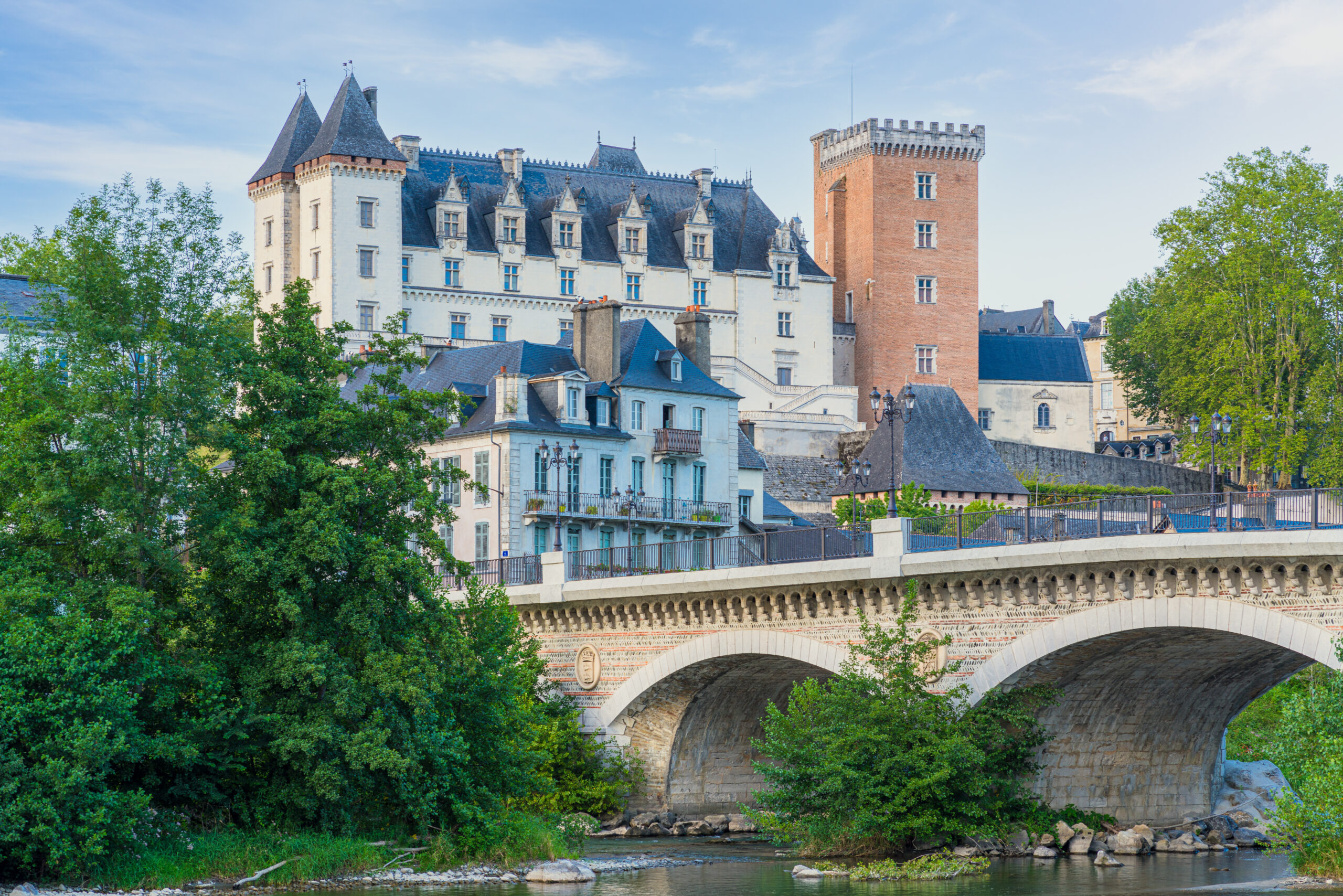 pau, france. august 9, 2023. scenic view of pau, a famous city in france, featuring the château de pau and the river